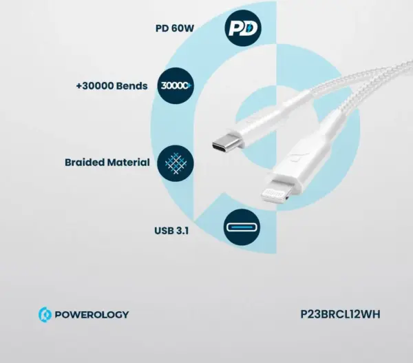 POWEROLOGY BRAIDED USB-C LIGHTNING DATA & FAST CHARGE CABLE PD 60W | 1.2M WHITE